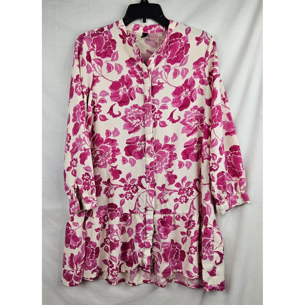 R&B Pink Floral Button Down Tunic Dress Drop Waist Ruffle Hem 6 Fairy Coquette